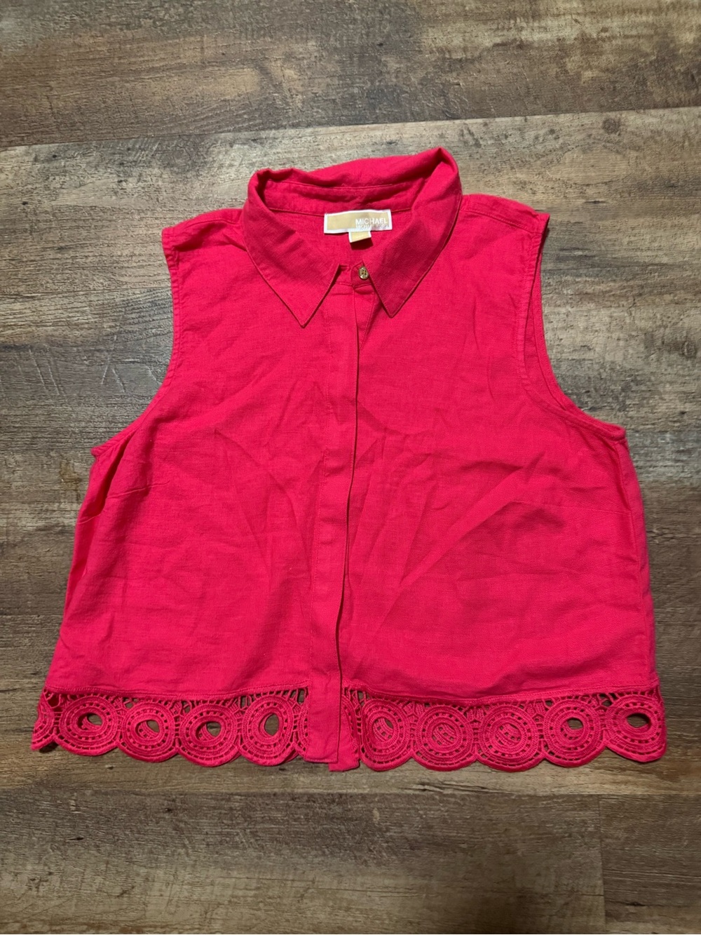 Michael Kors Sleeveless Button-Down Top in Hot Pink with Crochet Hem